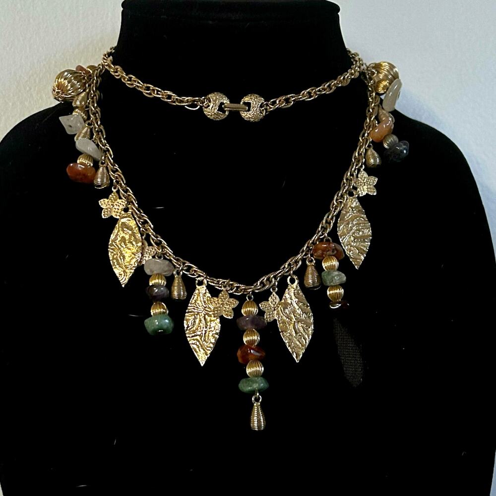 Vintage Goldtone Earthy and Crystal Charm Necklace 30 in Statement Necklace